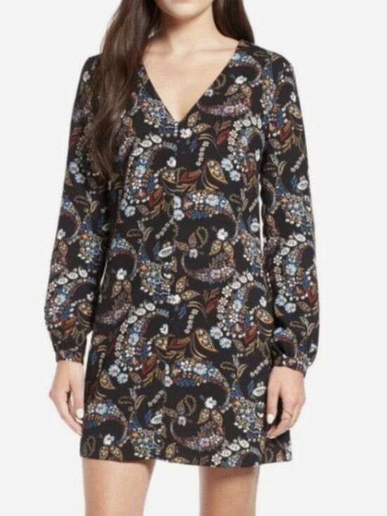 WAYF Dresses & Skirts - WAYF Black Floral Malone Plunge Mini Long Sleeve Shift Dress - Size - Large